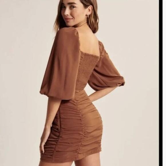 Abercrombie & Fitch Ruched Half Sleeve Mini Dress Brown Size Small - Picture 2 of 7